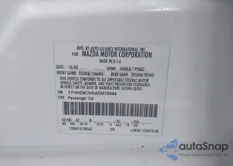 2010 Mazda Mazda6 I Grand Touring z USA, uszkodzony, nr VIN 1YVHZ8CHXA5M15544